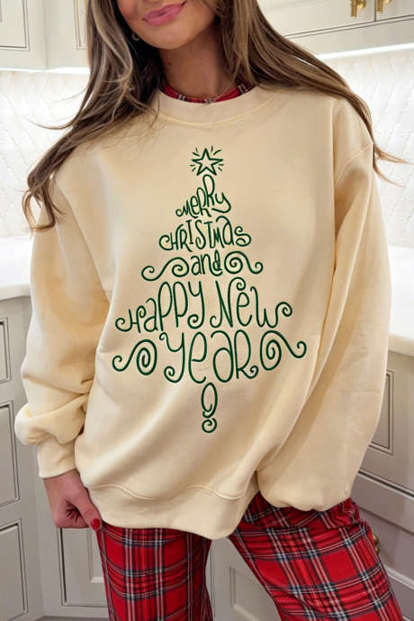 Sudadera con eslogan navideño bordado "Feliz Navidad y Feliz Año Nuevo" en color albaricoque LC25321964-P18