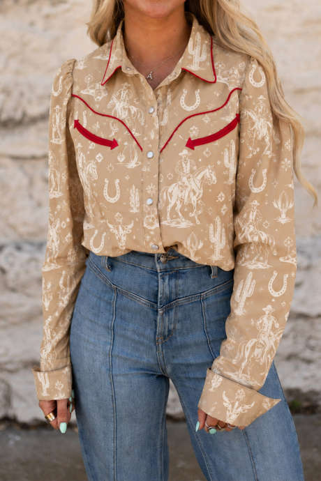 Khaki Western Print Button Up Shift Shirt