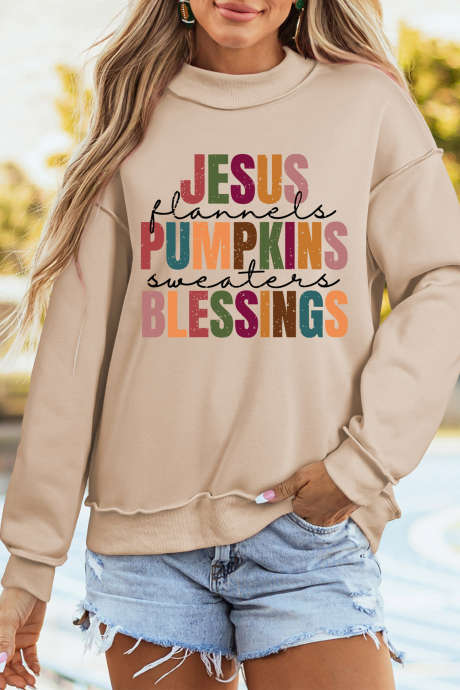 Sudadera de cuello alto con costuras expuestas y estampado de eslogan de Acción de Gracias en color albaricoque