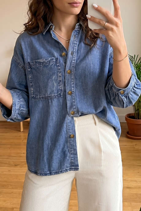 Chemise en jean ample à manches trois-quarts bleu crépuscule, boutonnée sur le devant