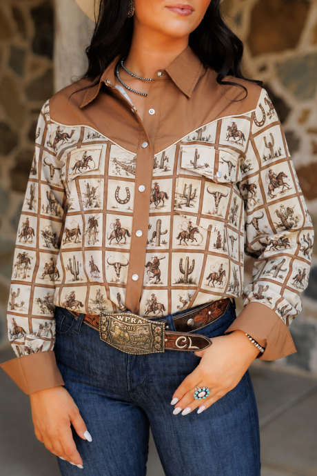 Khaki Western Plaid Print Colorblock Contrast Collar Long Sleeve Shirt