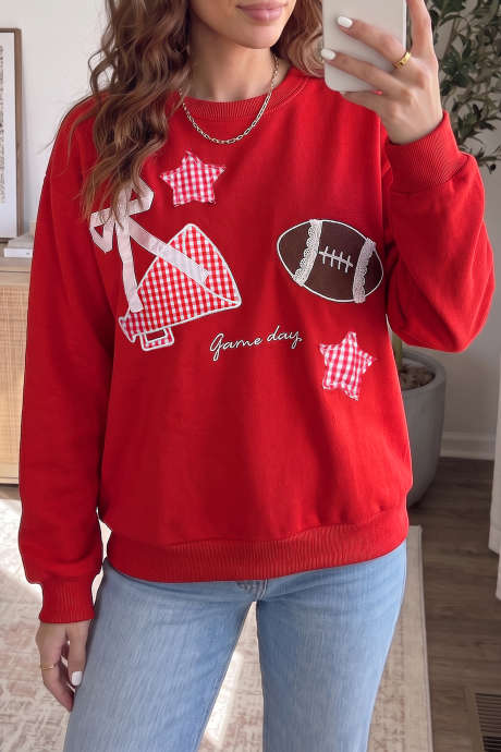 Racing Red Gingham Patch Brodert Rugby Game Day Stars Genser