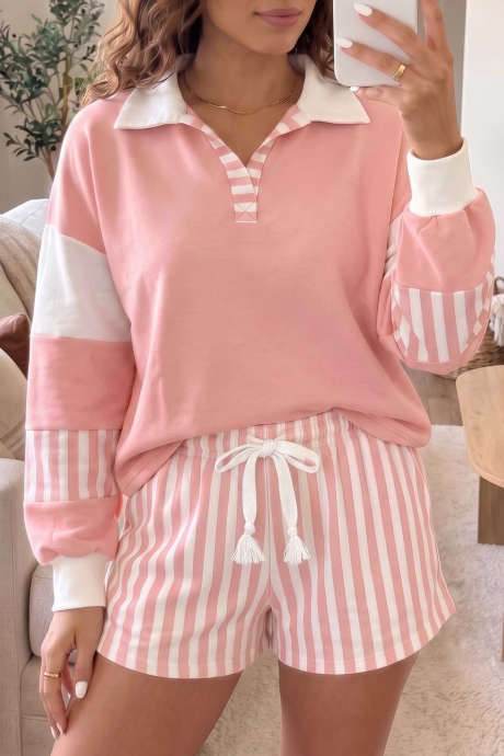 Conjunto de top tipo jersey con cordón ajustable y bloques de color a rayas rosas de gasa