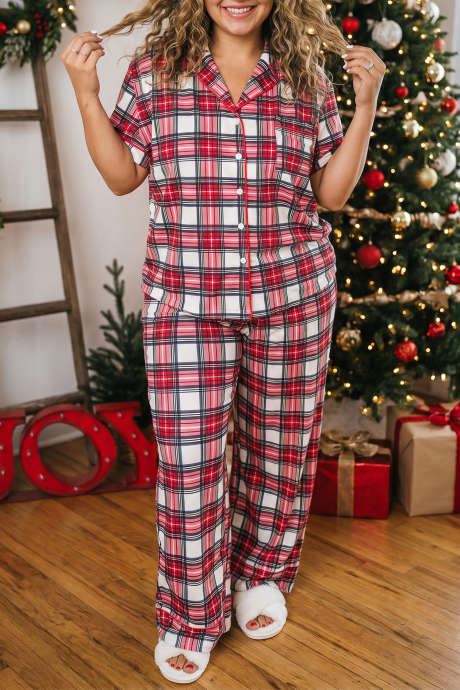 Conjunto de pijama de 2 piezas a cuadros, manga corta y botones, color rojo, talla grande.