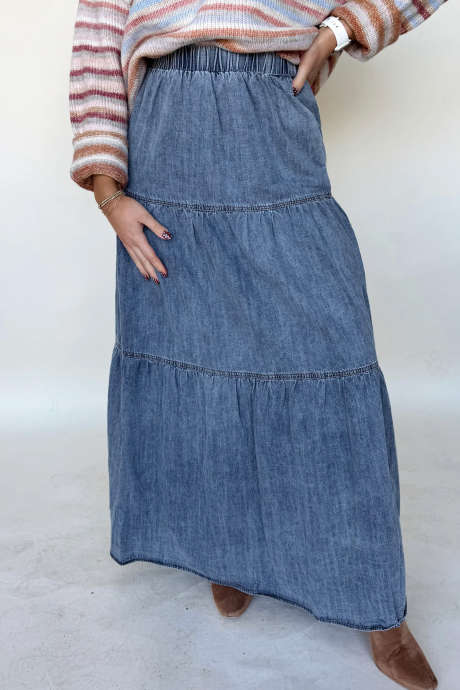 Ashleigh Blue Denim Elastic Waist Tiered Shift Maxi Skirt
