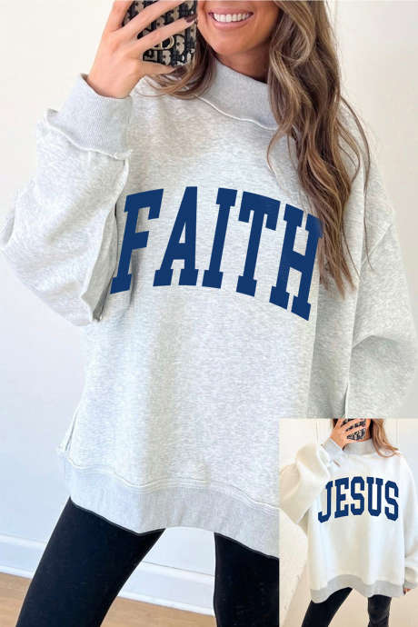 浅灰色 FAITH/JESUS 双面字母印花休闲高领卫衣 LC25322172-P1011