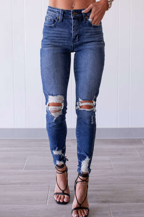 Navy Blue Heavy Distressed Skinny Jeans