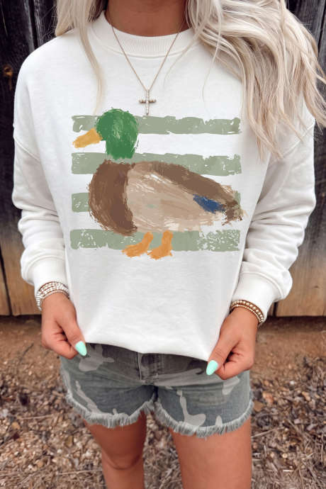 Sweatshirt Pullover Kasual Bergambar Bebek Barat Putih