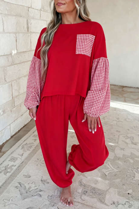 Racing Red Plaid Patchwork Long Sleeve Jogger Pants Loose 2pcs Set