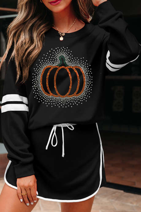 Set 2 potong Atasan Lengan Panjang Bergaris Motif Labu Berhiaskan Berlian Imitasi Hitam dan Rok Pendek Mini dengan Tali Serut