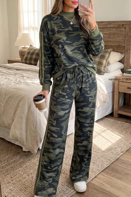 Multicolour Camouflage Patchwork Striped Detail Long Sleeve Top Casual Pants Set