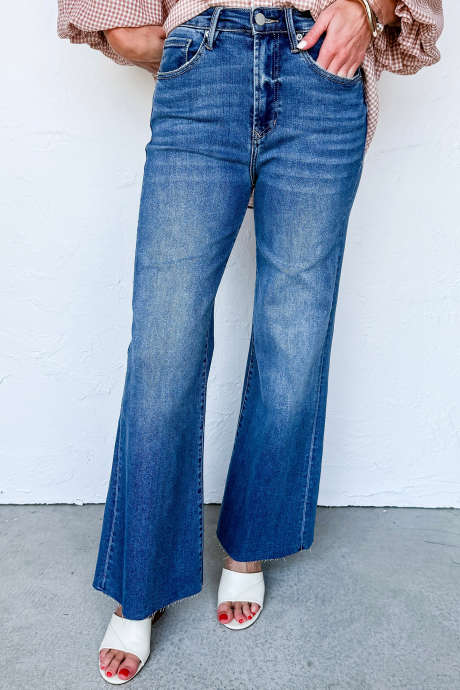 Ashleigh Blue Casual Wahsed Flare Leg Raw Hem Jeans