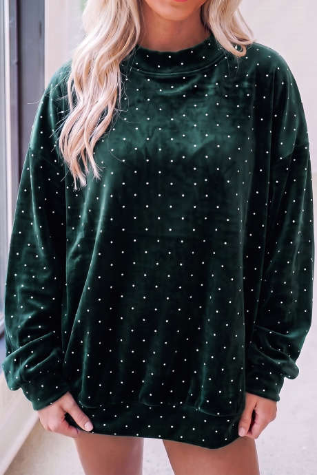 Áo tunic cổ cao chấm bi nhung màu xanh đen, áo nỉ chui đầu.