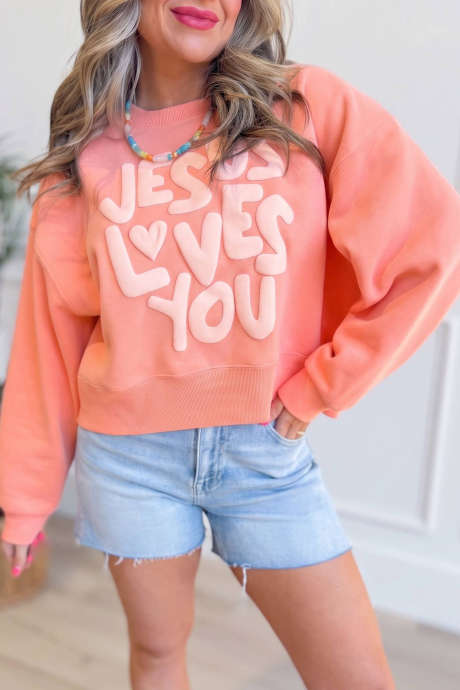 Grapefruit Orange JESUS LOVES YOU Puffy Letter Graphic Sweatshirt