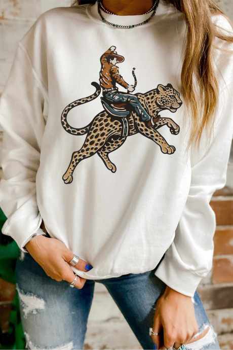 Sweatshirt Pullover Santai Motif Cheetah Koboi Barat Putih