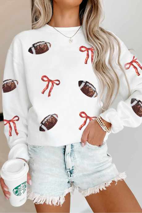 Sweatshirt Pullover Kasual ODM dengan Grafis Pita Rugby Berpayet Putih