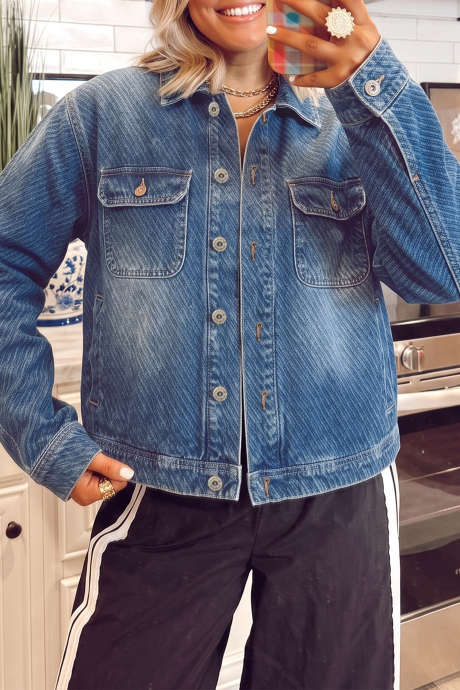 Dark Blue Tweed Texture Button Down Denim Jacket