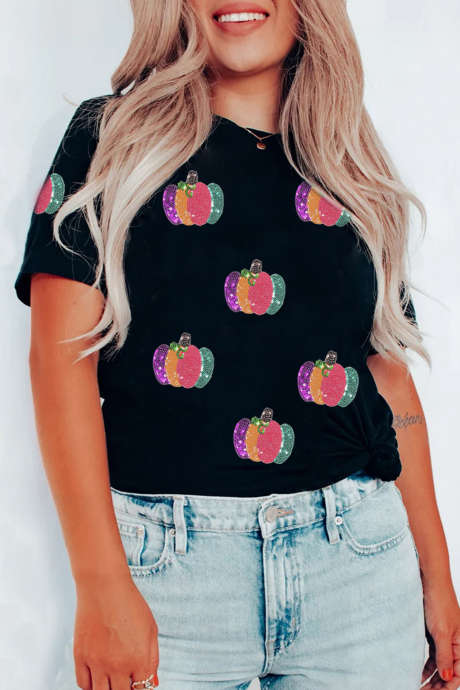 Áo thun cổ tròn dáng casual in hình quả bí ngô đính sequin đen