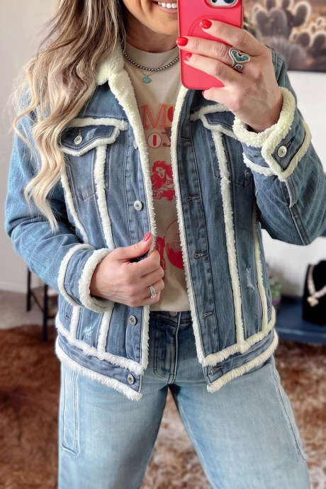Dusk Blue Cozy Faux Shearling Lined Denim Jacket