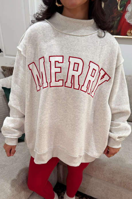 Grauer Tunika-Pullover mit hohem Kragen und gesticktem MERRY-Buchstaben