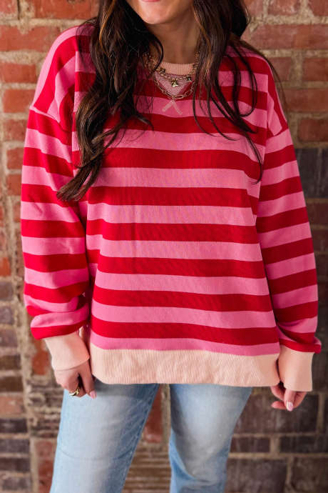 Pink Stripe Color Block Round Neck Long Sleeve Shift Top