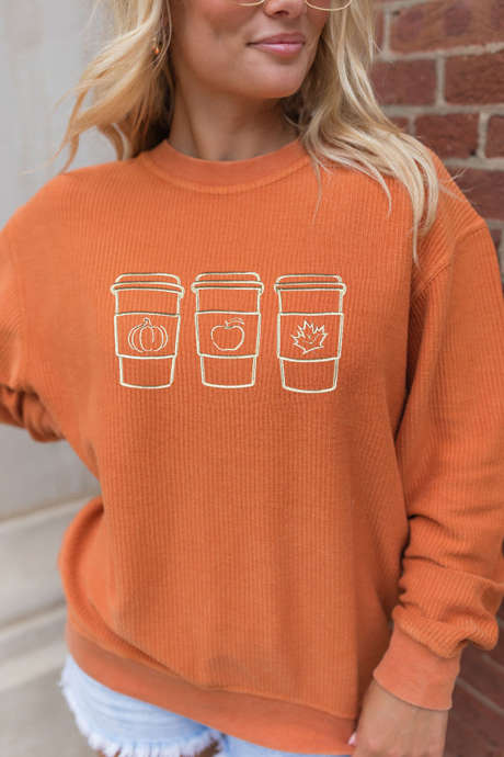 Sweatshirt Bertekstur Garis-Garis Oranye dengan Bordir Grafis Minuman Musim Gugur