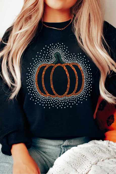 Sweatshirt Pullover Grafis Labu Rhinestone Hitam