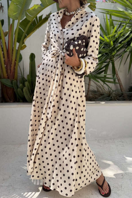 Brown Polka Dot Knot Front Bracelet Sleeve Long Dress