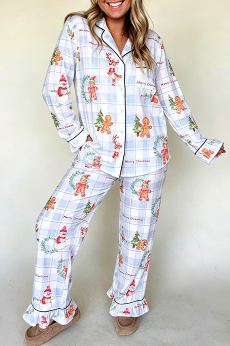 Set de lenjerie de pat cu cămașă în carouri, model de Crăciun, albastru deschis