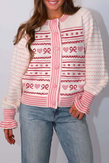 Pink Stripe Floral Bow Heart Print Long Flounce Sleeve Knit Cardigan