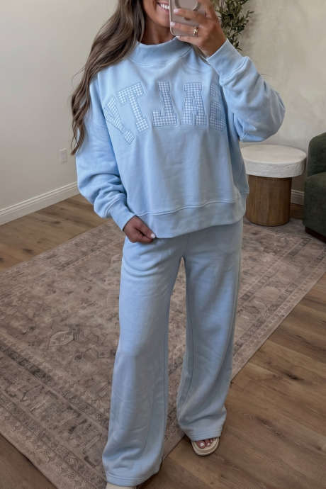 Beau Blue SALTY Plaid Letter Graphic Mock Neck Pullover Loose Pants Set