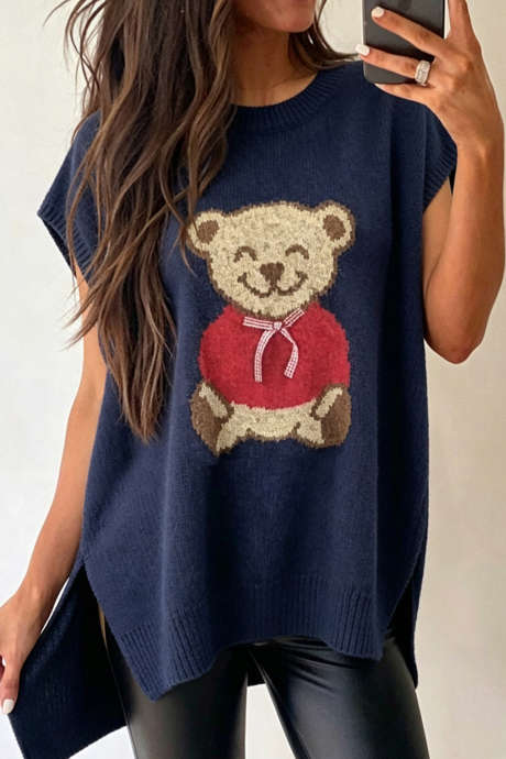 Dirty blue Cute Bear Print Short Sleeve Loose Tunic Sweater