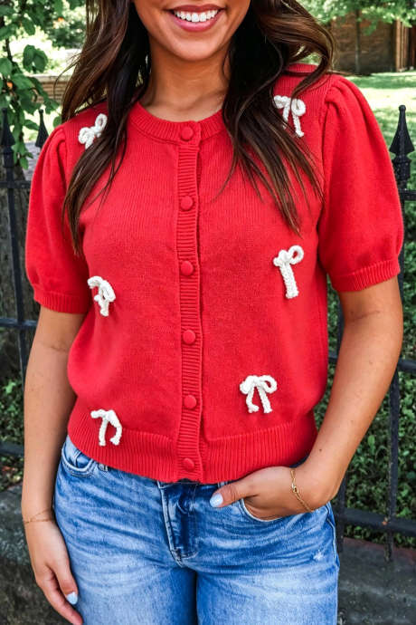 Racing Red Bow Knot Detail Short Sleeve Knit Sweater