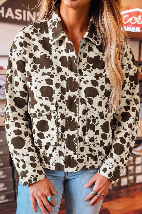 Brown Western Cow Print Cargo Pocket Denim Jacket
