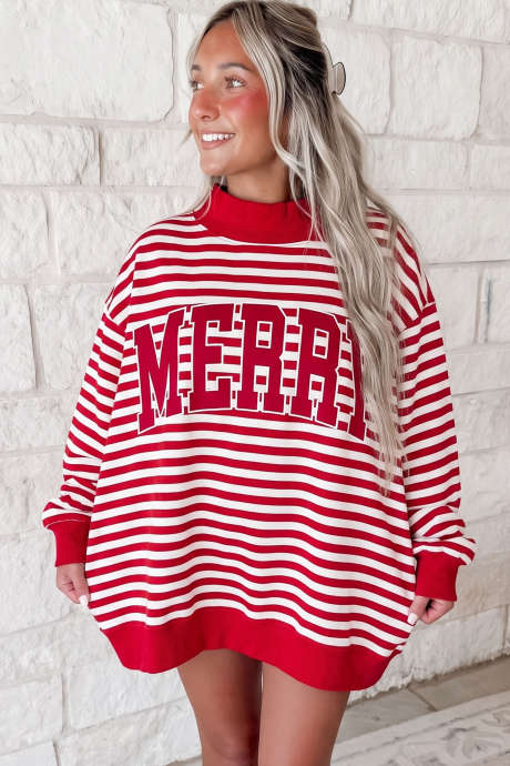 Red Stripe Christmas Slogan Printed Mock Neck Oversized Sweatshirt