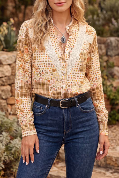 Brown Floral Lace Trim Button Down Long Sleeve Shirt