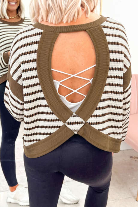 Coffee Striped Knit Open Back Thumbhole Sleeve Sweater