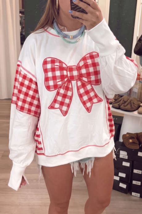 White Striped Contrast Christmas Tree Patchwork Puff Sleeve Top