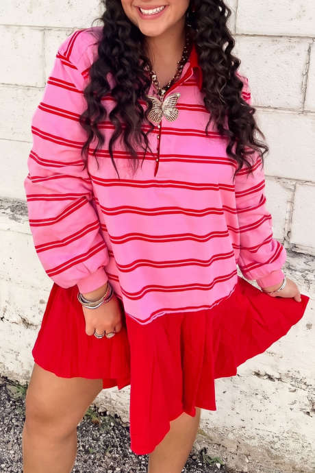 Rose Stripe Plus Size Polo Long Sleeve Color Block Ruffle Hem Dress