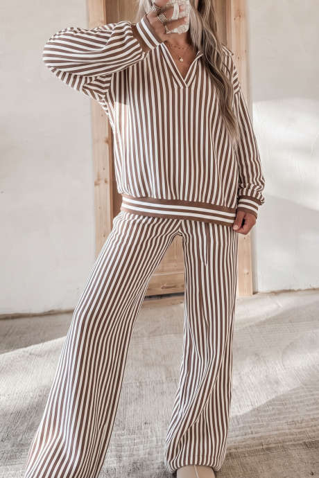 Brown Stripe Polo Long Sleeve Top Loose Pants 2pcs Set