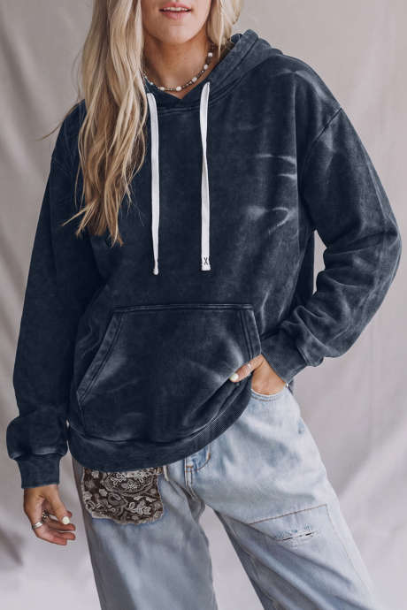 Black Mineral Wash Drawstring Kangaroo Pocket Hoodie