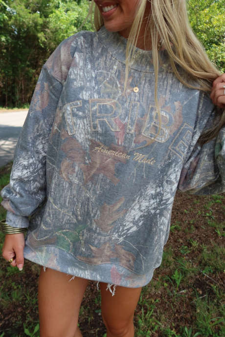Gray Abstract Woodland Print TRIBE Mock Neck Tunic Sweatshirt