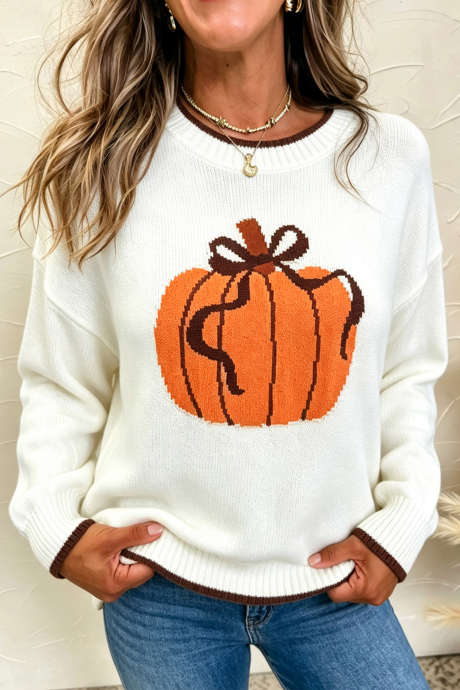 Chicory Coffee Fall Pumpkin Pattern Casual Pullover Sweater