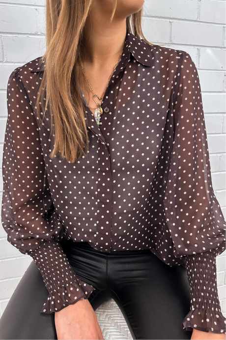 Brown Sheer Polka Dot Long Puff Sleeve Button Shirt