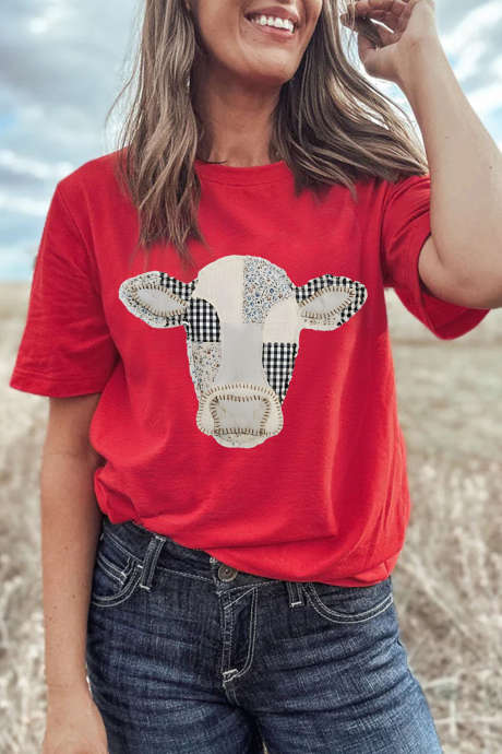 Rood casual T-shirt met ronde hals en patchworkprint in westernstijl, met koeienmotief.