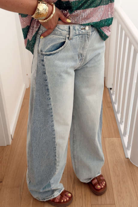 Light Blue Vintage Wash Patchwork Colorblock Casual Shift Jeans