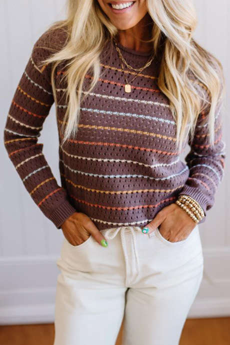 Brown Stripe Eyelet Crochet Knit Casual Sweater