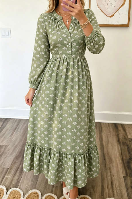 Green Floral Print Button High Waist Bodice Long Sleeve Dress
