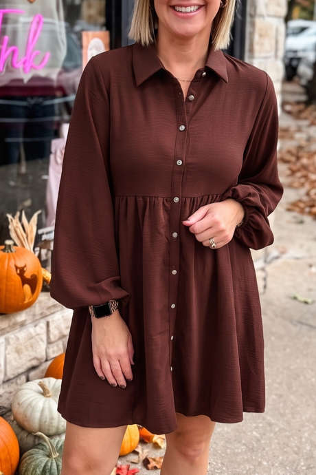 Coffee Plus Size Shirt Collar Button Front Long Sleeve Mini Dress