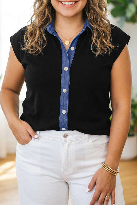 Schwarzes, ärmelloses Tunika-Top/Cardigan in Übergröße mit Patchwork-Farbblock-Design und V-Ausschnitt